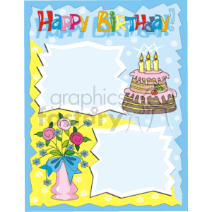 A colorful birthday-themed clipart image featuring a 'Happy Birthday' text at the top, a birthday cake with candles, a vase with flowers, and two empty speech bubbles for personalized messages.