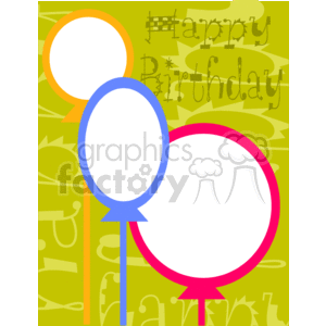 Clipart image of three balloons with blank white spaces for text, set against a green background with the words 'Happy Birthday' in various fonts in the background.