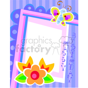 A bright and colorful birthday-themed clipart image featuring a butterfly and a flower. The image includes a decorative frame with space for text or a photo, and has the words 'Happy Birthday' written in playful letters.