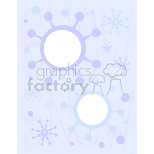 This clipart image features a winter-themed design with various shades of blue and purple snowflakes against a light blue background. The central two snowflakes are prominent with circular centers.