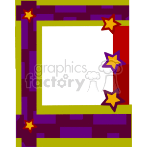 A colorful clipart image of a rectangular frame with a green border and a purple, block-patterned background. There are yellow stars with red and purple outlines positioned on the top right and bottom left corners of the frame.