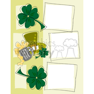 Clipart image featuring St. Patrick's Day elements: clovers, a leprechaun hat, a beer mug, and three empty photo frames.