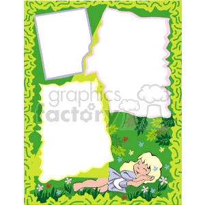 This clipart image features a green border with a maze-like pattern, and three empty frames with jagged edges on a leafy background. A blonde girl is depicted sleeping in the bottom right corner.