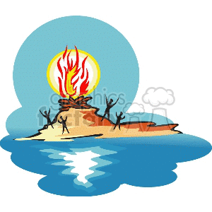 This clipart image depicts people around a bonfire on a small island. The scene is set against a backdrop of water and a large moon or sun in the sky. They appear to be asking for rescue, after being stranded on the island 