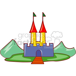 A colorful clipart image of a castle with two tall red and yellow towers, green flags, and situated on green hills.