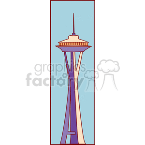 A stylized clipart of the Space Needle in Seattle against a blue background, featuring simple lines and flat colors.