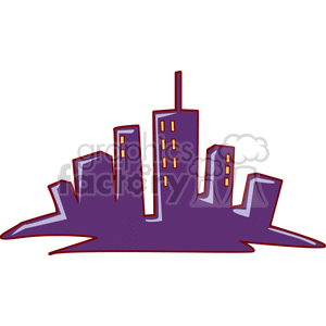 A simple illustration of a purple city skyline with buildings of varying heights and yellow windows.