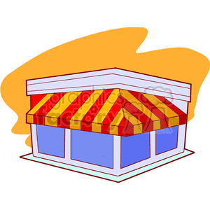 A clipart illustration of a small store with a red and yellow striped awning and blue windows.