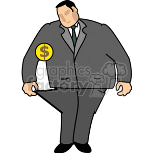 A businessperson in a suit showing empty pockets with a dollar sign symbolizing lack of money.