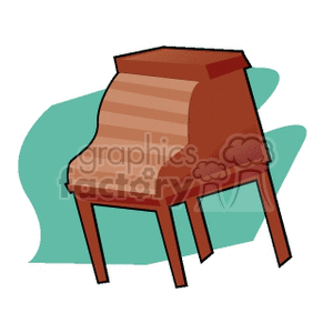 Illustration of a wooden roll-top desk with a teal abstract background.