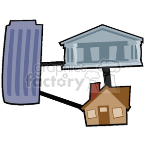 Clipart image depicting a bank, a government building, and a house interconnected by lines.