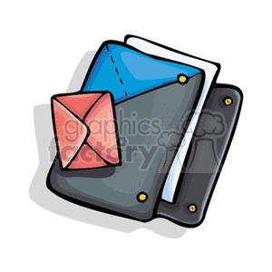 A colorful clipart image depicting a stylized accordion file folder with a blue and gray design, containing papers and a small pink envelope.