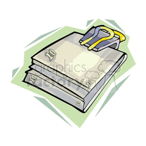 Clipart image of a stack of paper currency held together by a large money clip.