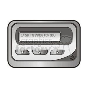 Clipart image of a vintage pager with a screen displaying '14:58 MESSAGE FOR YOU' and three buttons below.