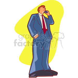 Illustration of a businessman in a blue suit talking on a mobile phone with a yellow background.