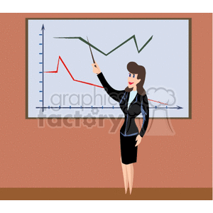 Clipart image of a businesswoman presenting data on a line graph with red and green lines.