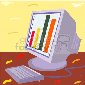 A computer with a monitor displaying a colorful bar graph on a desk.