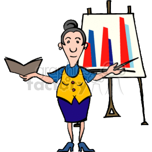 The clipart image features a cartoon of a person standing next to a chart on an easel. The person is holding a pointer in one hand and an open book or folder in the other, seemingly giving a presentation. The chart has vertical bars of different colors—red and blue—implying it could be a bar chart displaying data such as financial figures, sales, profit, or other business-related metrics. The character is dressed in business casual attire and appears to be actively engaged in explaining the content of the chart.