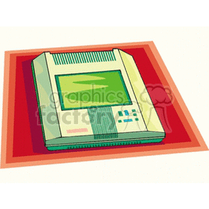 Cartoon illustration of a vintage electronic device with a screen, resembling an old computer modem