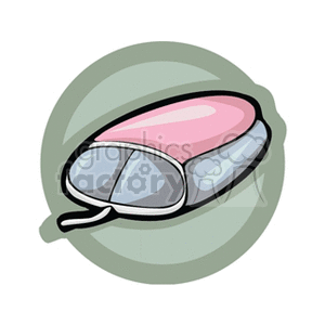 A cartoon-style clipart image of a computer mouse with a pink and gray color scheme over a green circular background.