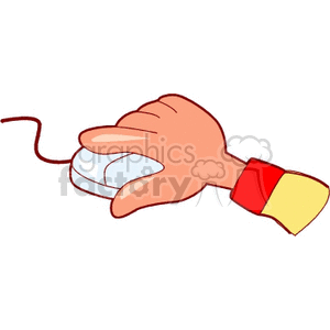 Cartoon hand using a cabled white computer mouse.