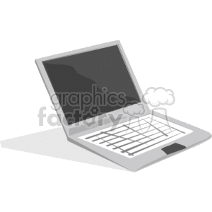 The image is a clipart of a laptop computer. It shows a simplistic representation of a laptop with the screen open, displaying the keyboard and touchpad. It is a grey-scale image, commonly used to represent electronics, digital technology, or business computing in a generic way.