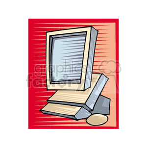 Clipart image of a desktop computer monitor and keyboard on a red background.