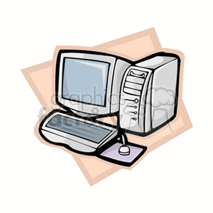 A clipart image of a desktop computer, including a monitor, keyboard, and mouse.