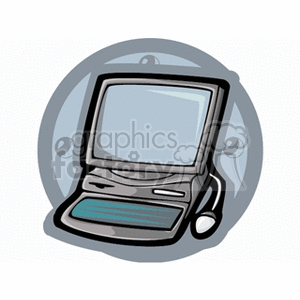 Clipart image of a retro computer with a circular background.