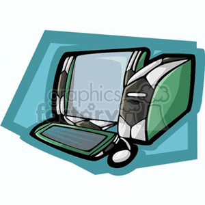 Clipart image of a desktop computer with a soccer ball theme, featuring a monitor, keyboard, mouse, and CPU tower with soccer pattern.