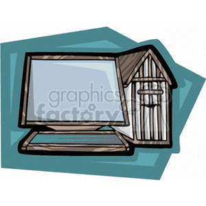 Clipart image of a wooden framed computer monitor next to a small wooden shed-like structure.