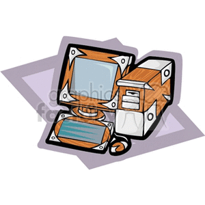 A stylized clipart image of a vintage desktop computer with a wooden texture.