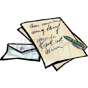 Clipart image of handwritten notes with a pen and an envelope.