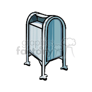 Clipart image of a blue metal mailbox with a rounded top and four legs.