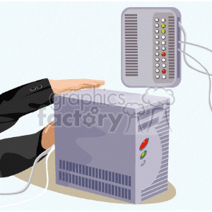 Clipart image of a person connecting or interacting with a server computer and a network switch.