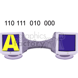 Clipart image of two computer monitors connected by a cable, displaying binary code '110 111 010 000' and the letter 'A'.