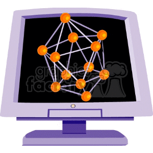 Clipart image of a computer monitor displaying a 3D network diagram with interconnected orange nodes.