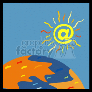 This clipart image depicts a stylized Earth with colorful continents and an '@' symbol resembling the sun glowing above it.