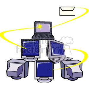 Clipart image depicting five computer monitors and a laptop interconnected, with a letter envelope flying above, symbolizing digital communication and networking.
