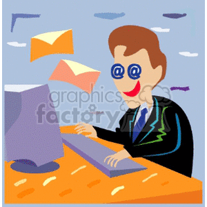 Cartoon illustration of a man in a suit sitting at a desk, typing on a computer with email icons floating in the background.