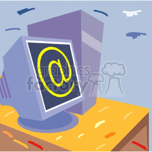Clipart image of a computer monitor with an @ symbol on the screen, representing email or internet communication. The monitor is on a desk with a background featuring abstract shapes and colors.