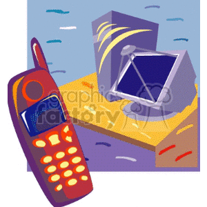 A clipart image featuring a red and orange mobile phone along with a satellite dish on a desk. The background is a light blue with abstract shapes and lines.