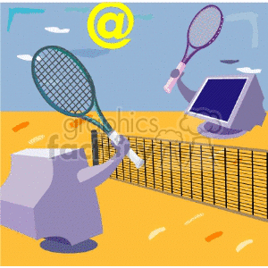 A colorful clipart image depicting two computers playing tennis, with one computer holding a green tennis racket and the other holding a pink tennis racket. The background features a bright, abstract sky with an '@' symbol.