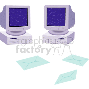 Clipart image of two vintage desktop computers with two envelopes, representing email communication between computers.