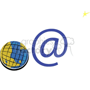 A clipart image featuring a globe with continents in yellow and blue, accompanied by a blue at (@) symbol, and a small yellow star in the top right corner.