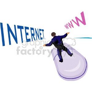 Clipart image of a person standing on a computer mouse with the words 'INTERNET' and 'WWW' in bold letters, representing online browsing and internet surfing.