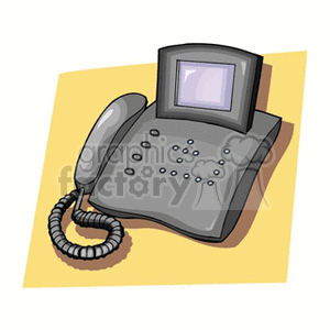 Clipart of a gray office phone with a digital display and coiled cord on a yellow background.