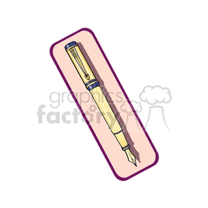 Clipart image of a yellow and blue fountain pen on a purple-bordered pink rectangle.