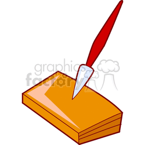 Clipart image of a white quill pen on a stack of orange papers.