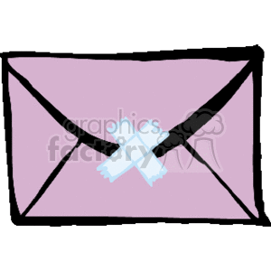 The image is a simple clipart depiction of a sealed envelope. It appears to be a pink envelope with a flap that is secured shut by a piece of blue sellotape, which is commonly used to indicate that it is sealed and ready for mailing. This is a stylized representation commonly used in various materials to symbolize mail or postal correspondence. The keywords provided, such as envelope, mail, letter, and business supplies, are all appropriately associated with the image.